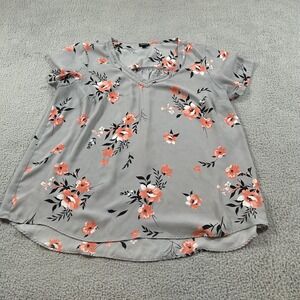 Torrid Blouse Womens 2 Gray Coral Floral Short Sleeve V Neck High Low Hem